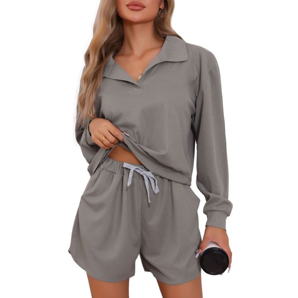 Waffle Knit Top and Shorts Long Sleeve Pajama Set with Pockets Gray
